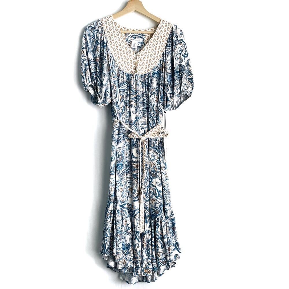 🆕 Lucky Brand Cottagecore style boho dress blue and yellow floral paisley print